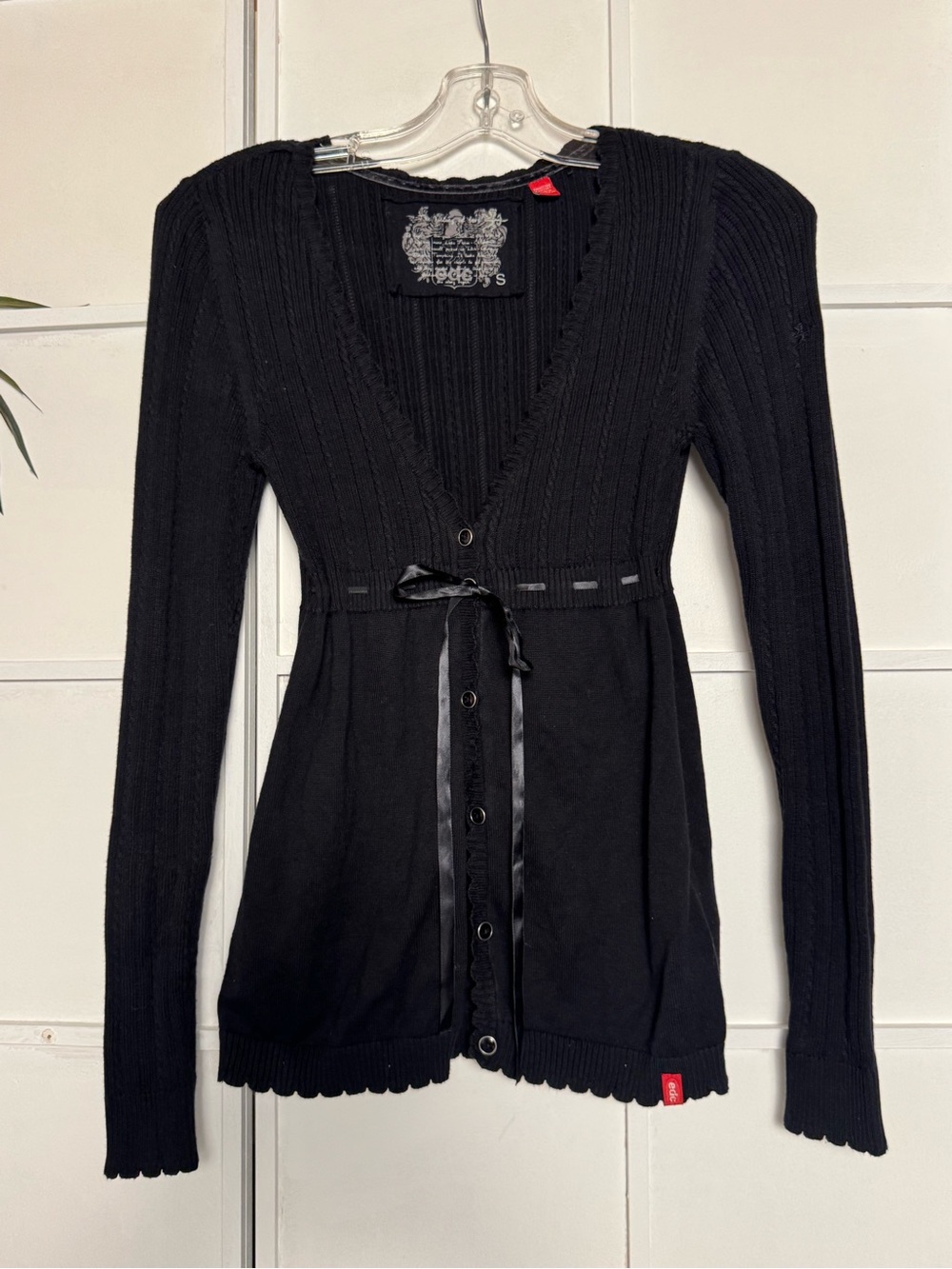 Vintage EDC Black V‑Neck Ribbon Tie Cardigan